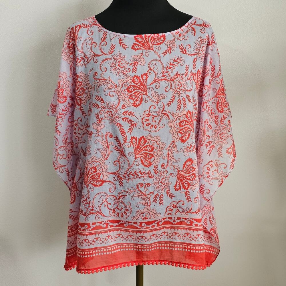 EUC Talbots Cotton Silk Lightweight Semi-Sheer Floral Poncho Kaftan Boxy Top M